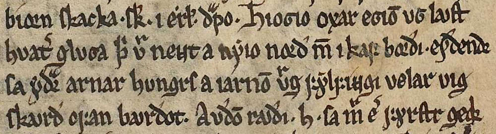 Première strophe de l'Erlingsdrápa de Þorbjörn skakkaskáld dans le Codex Frisianus